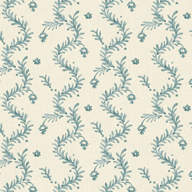 Ivory linen with muted blue teal leafy garlands and tiny scattered flowers