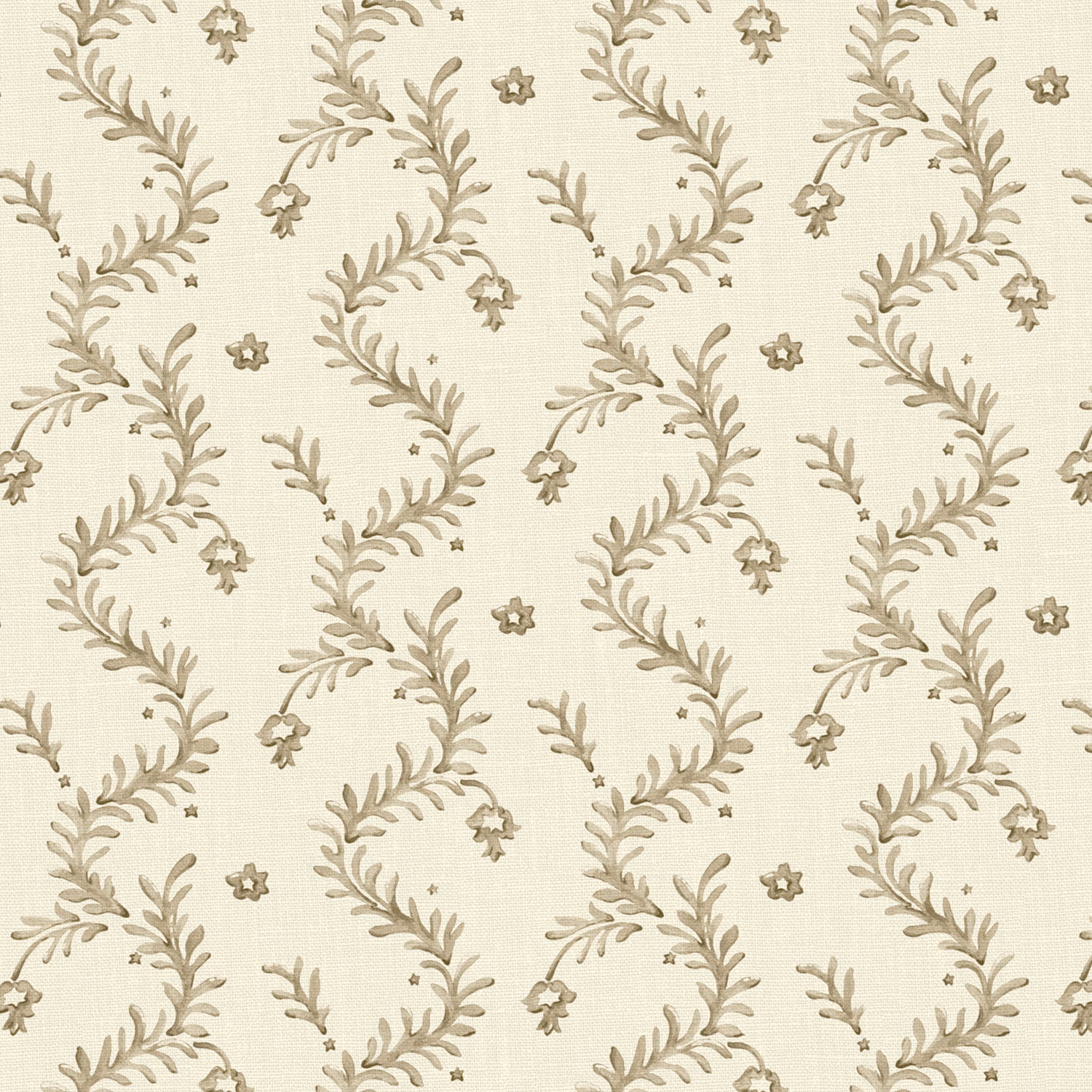 Natural cream linen with taupe leafy branches and tiny scattered flowers