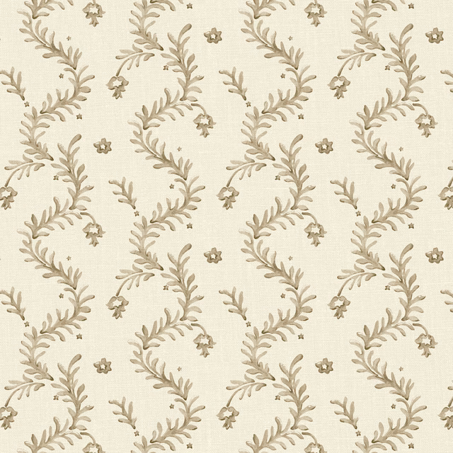 Natural cream linen with taupe leafy branches and tiny scattered flowers