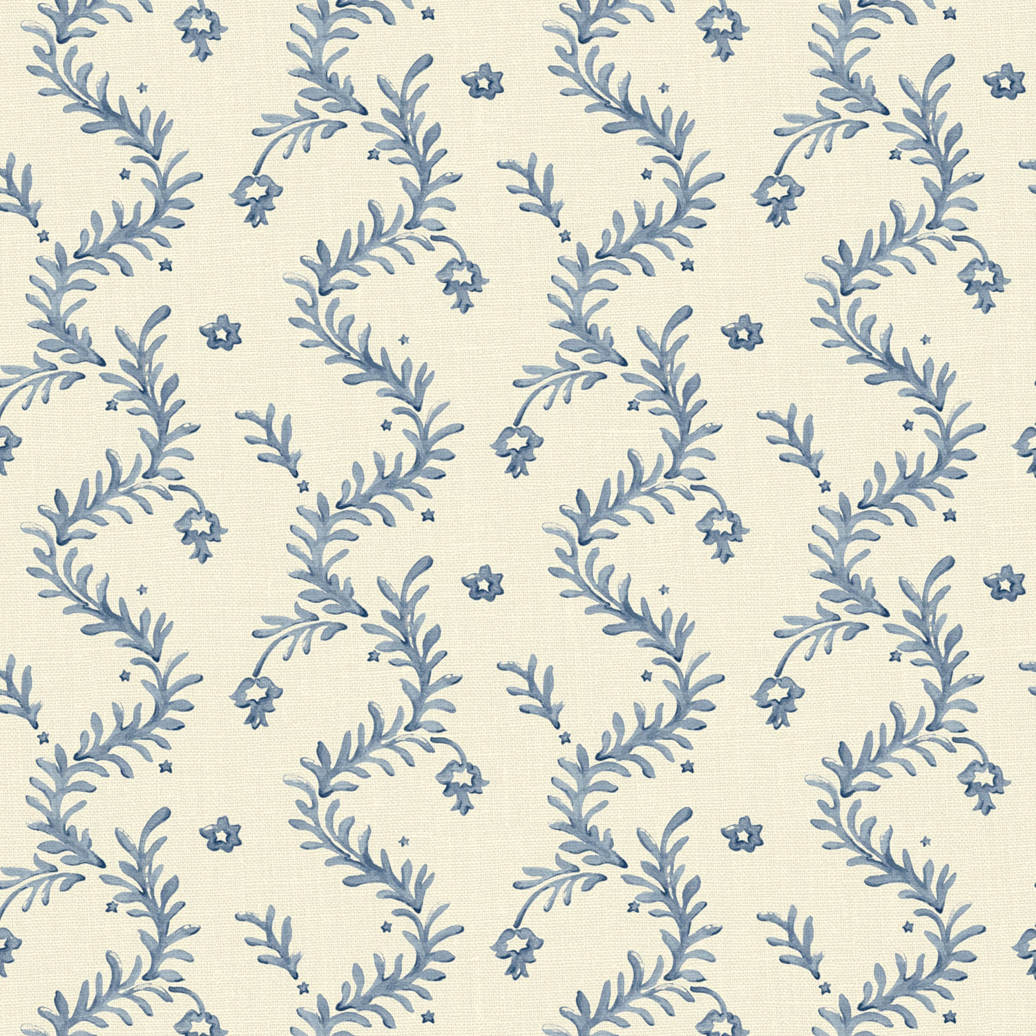 Cream woven ground with dusty blue, lilac sprigs and tiny floral motifs