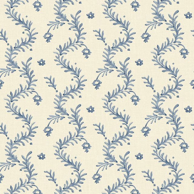Cream woven ground with dusty blue, lilac sprigs and tiny floral motifs