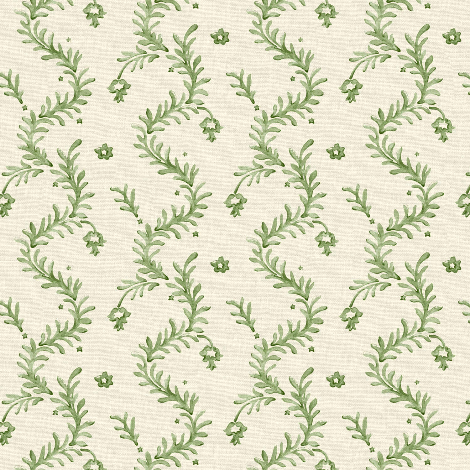 Muted aqua-green botanical sprigs and tiny flowers on a cream woven ground
