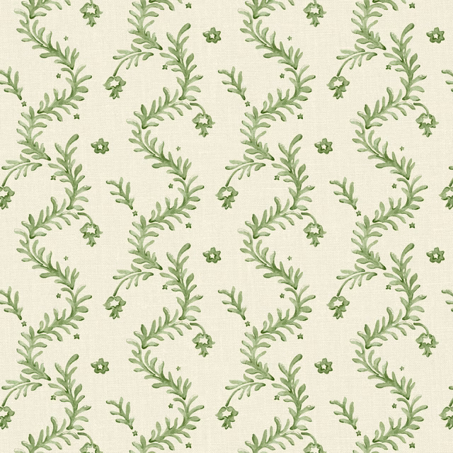 Muted aqua-green botanical sprigs and tiny flowers on a cream woven ground