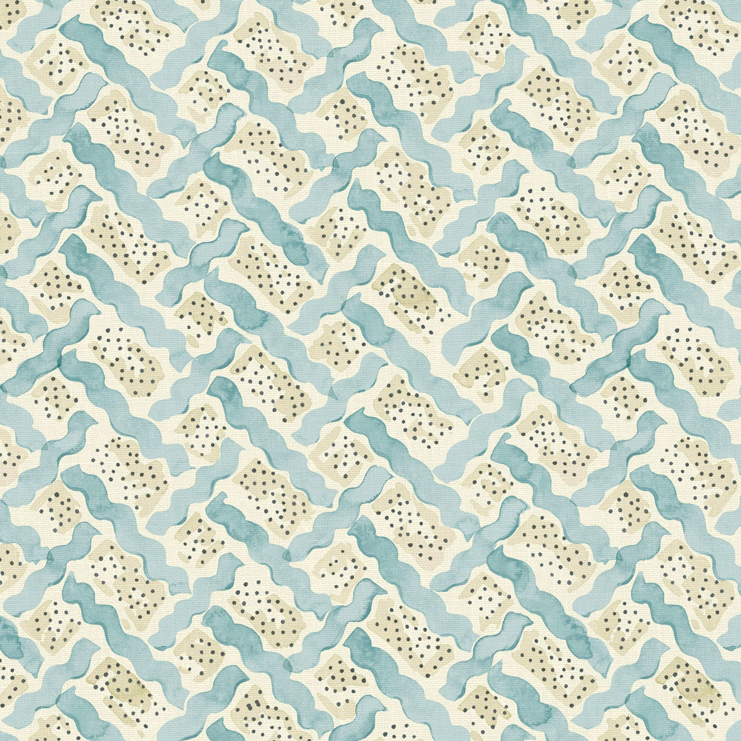Pale aqua and cream linen with dotted islands and winding abstract bands