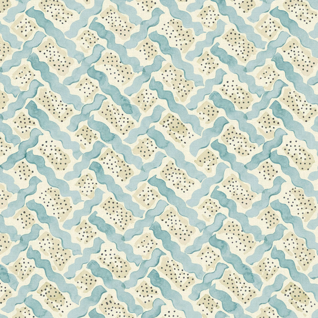 Pale aqua and cream linen with dotted islands and winding abstract bands