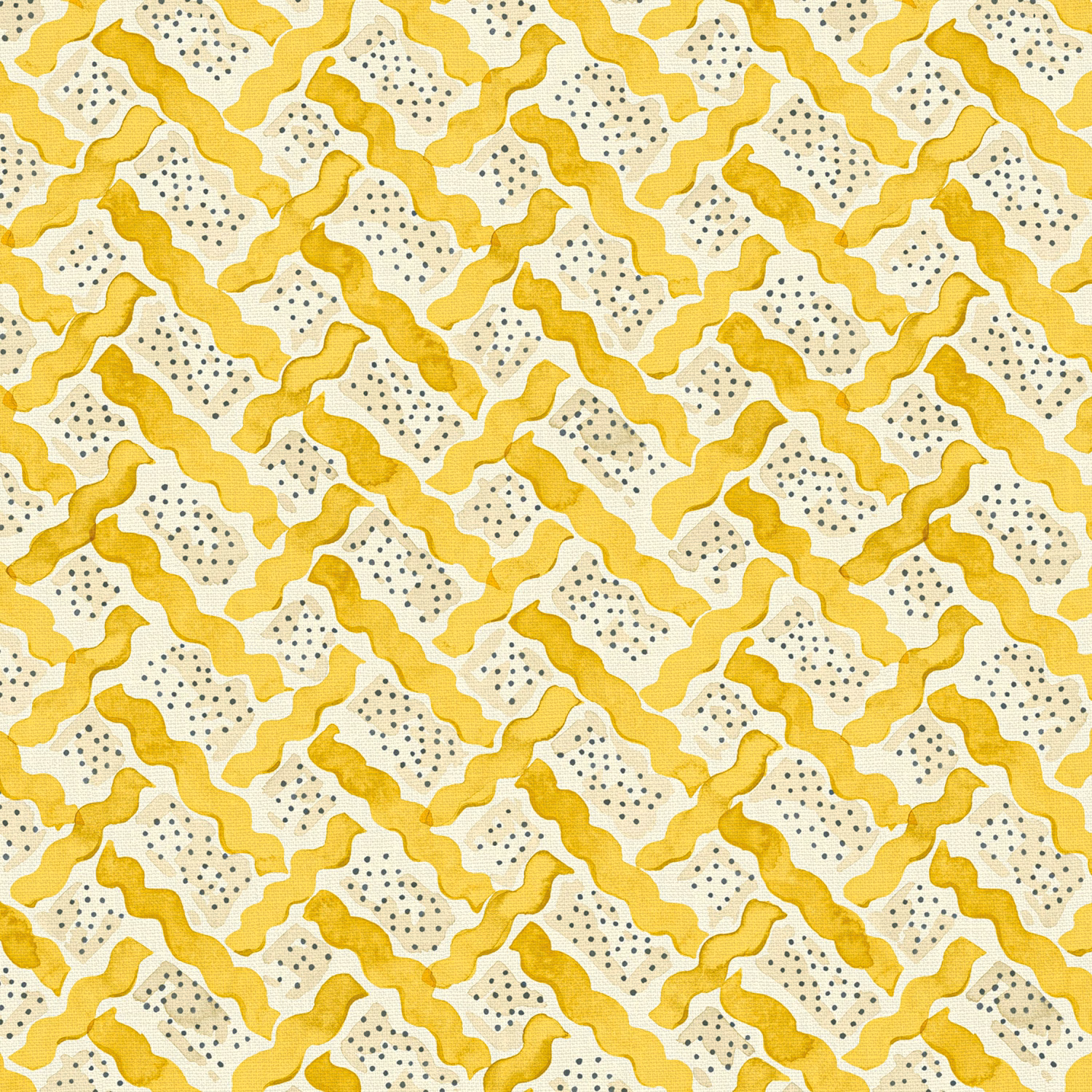 Warm dandelion-yellow wavy bands and dotted cream geometric shapes on linen