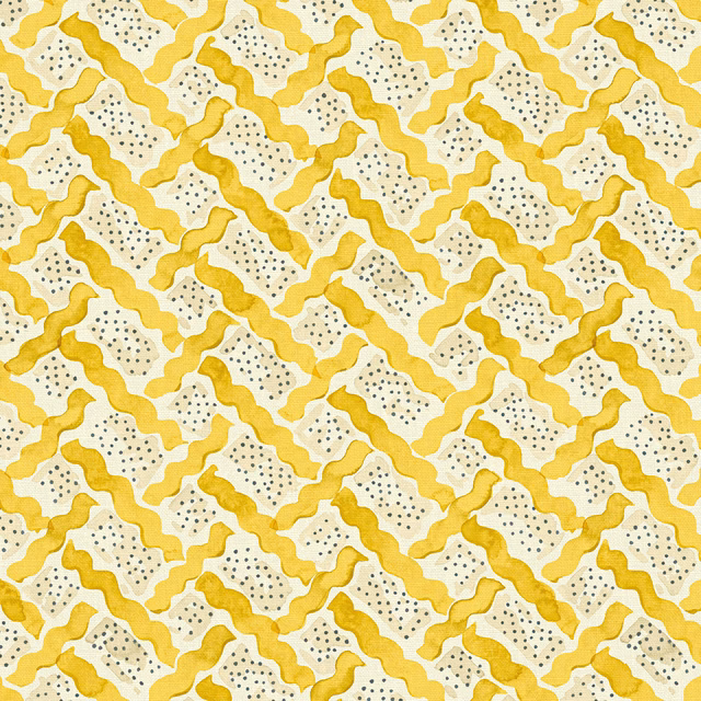 Warm dandelion-yellow wavy bands and dotted cream geometric shapes on linen