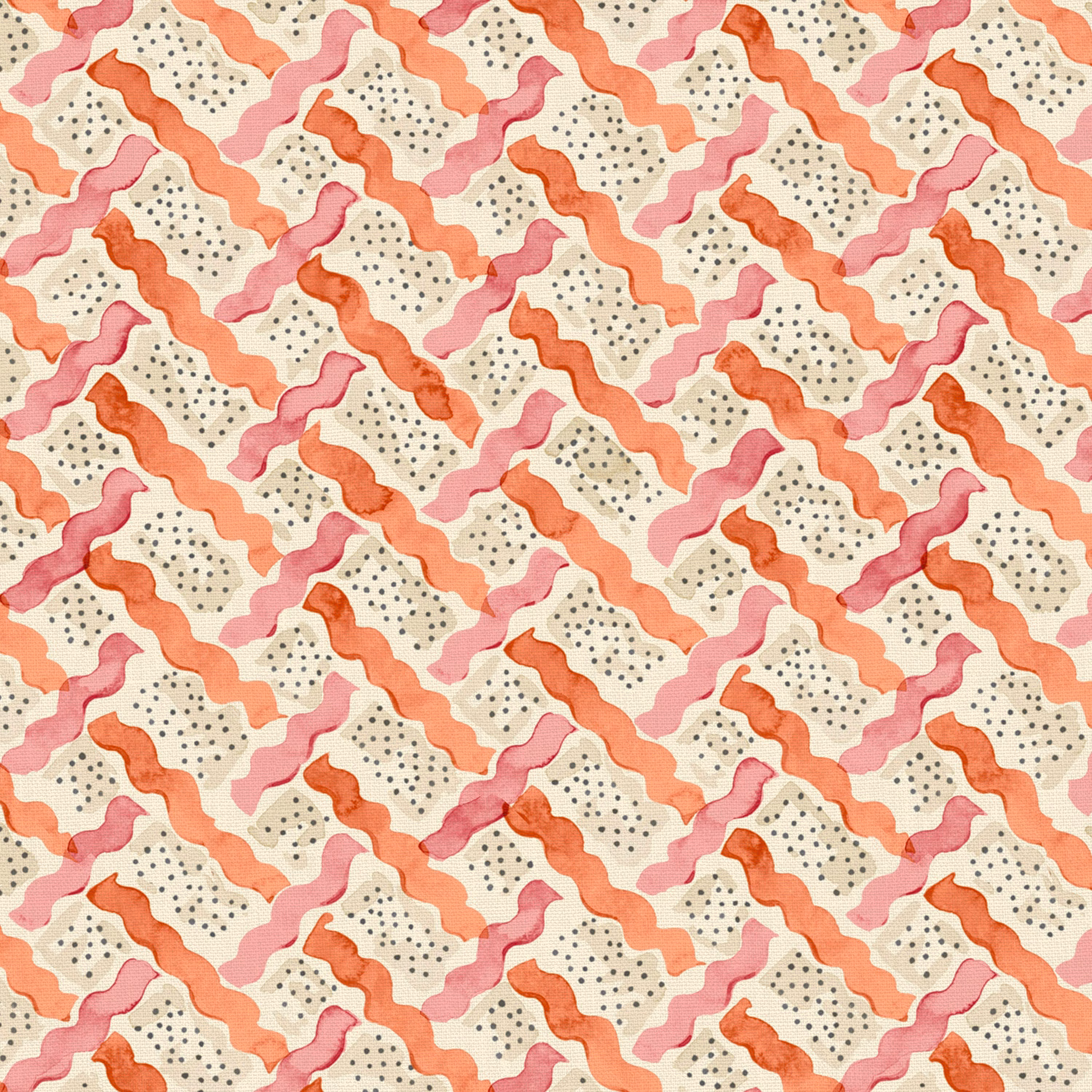 Cream linen with coral and pink wavy bands and charcoal dotted motifs