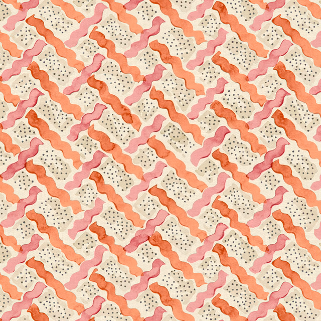 Cream linen with coral and pink wavy bands and charcoal dotted motifs