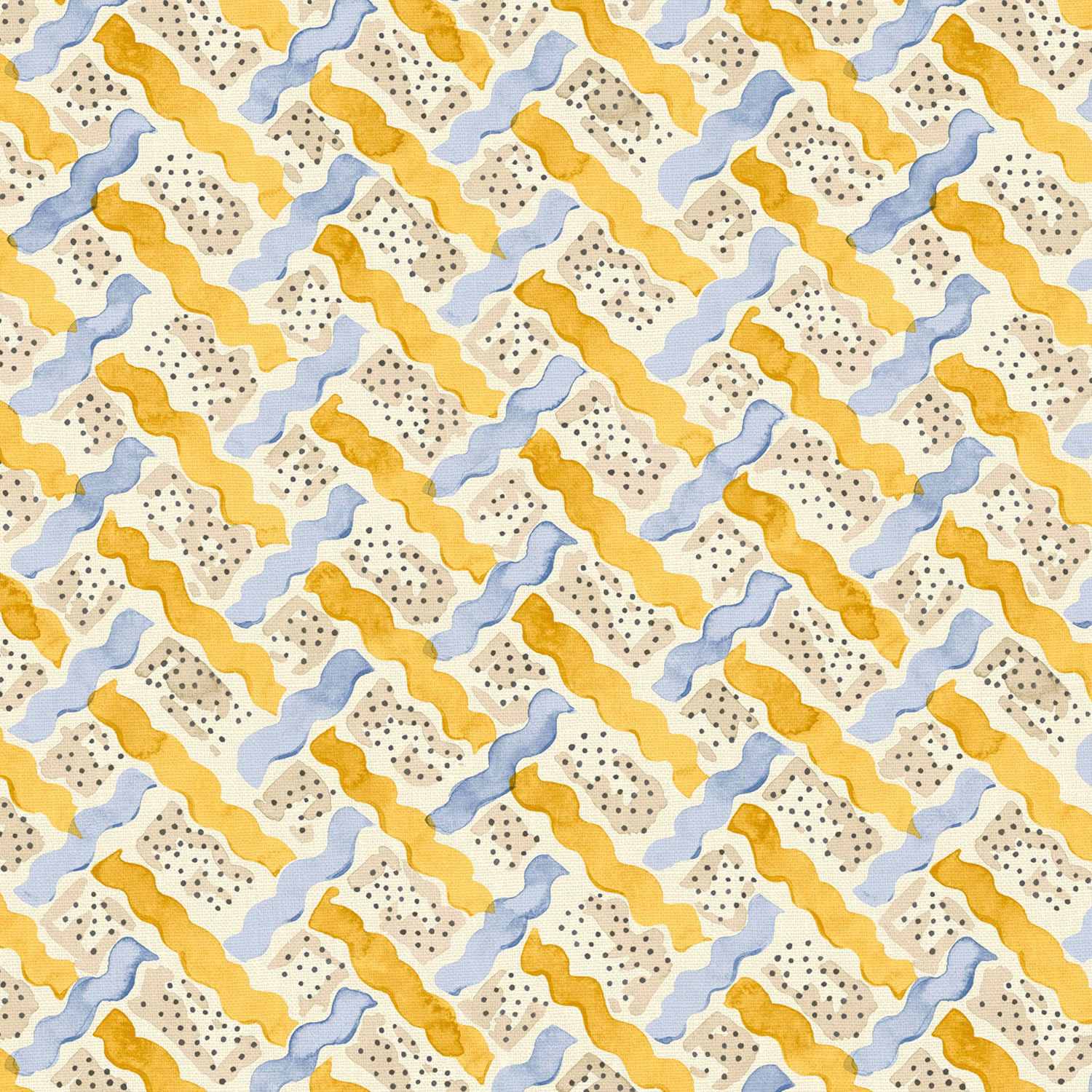 Cream linen with mustard and pale blue wavy bands and dotted motifs