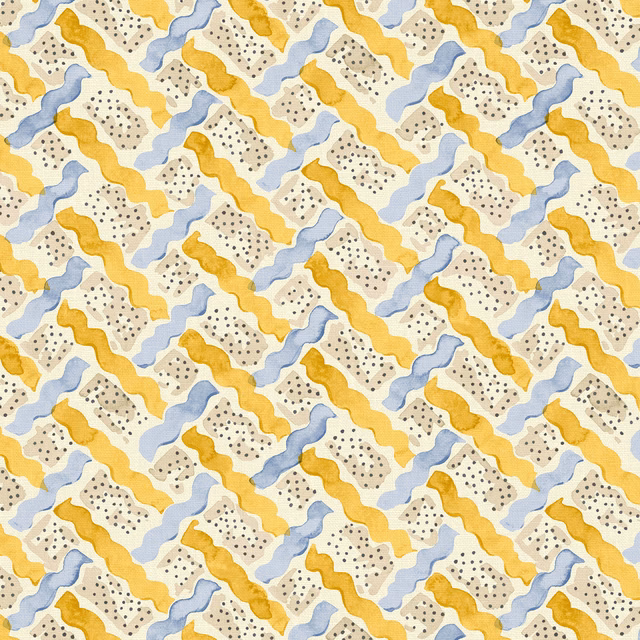 Cream linen with mustard and pale blue wavy bands and dotted motifs