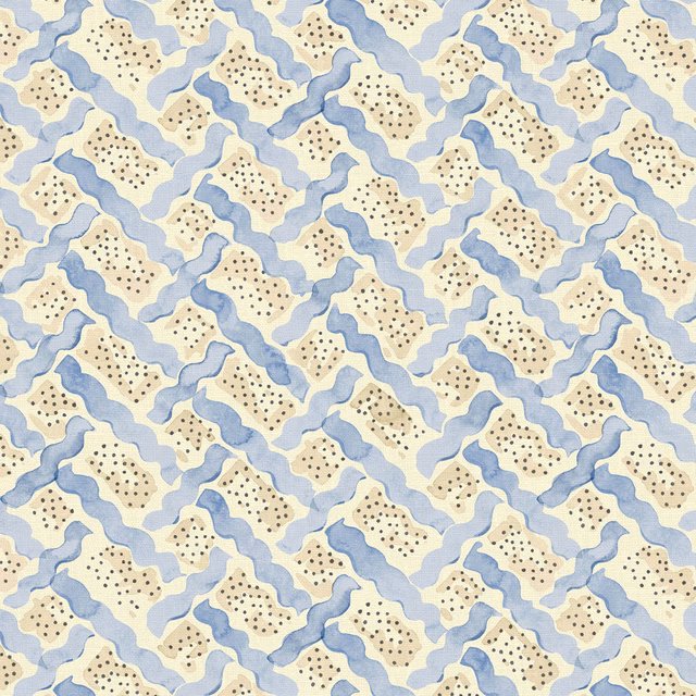 Powder blue and lilac abstract waves with dotted cream motifs on linen