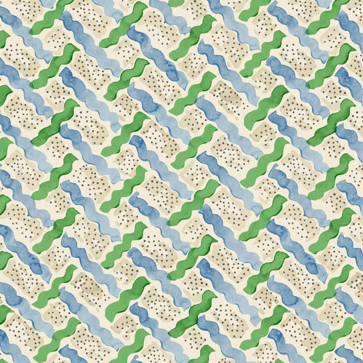 Cream linen with aqua-blue and green winding bands and dotted motifs