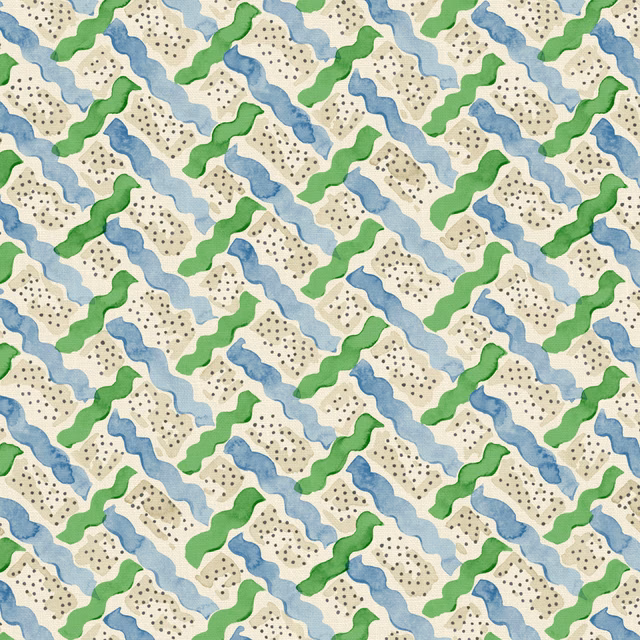 Cream linen with aqua-blue and green winding bands and dotted motifs
