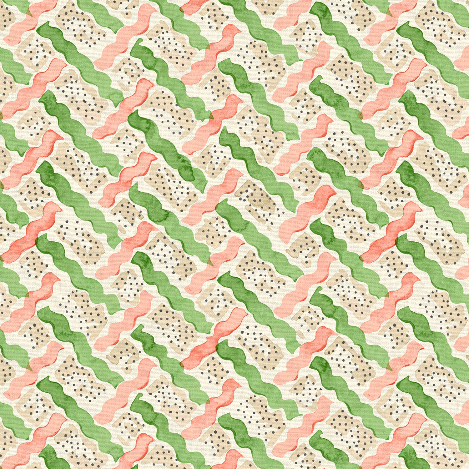 Cream linen with green ribbons, coral waves, beige shapes and dotted details