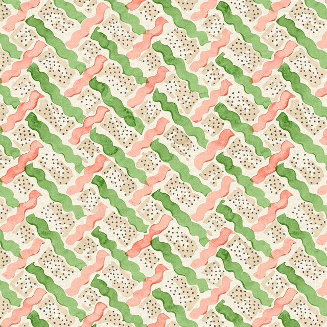 Cream linen with green ribbons, coral waves, beige shapes and dotted details