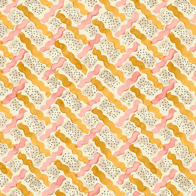 Cream linen print with blush pink and ochre wavy bands and dotted motifs