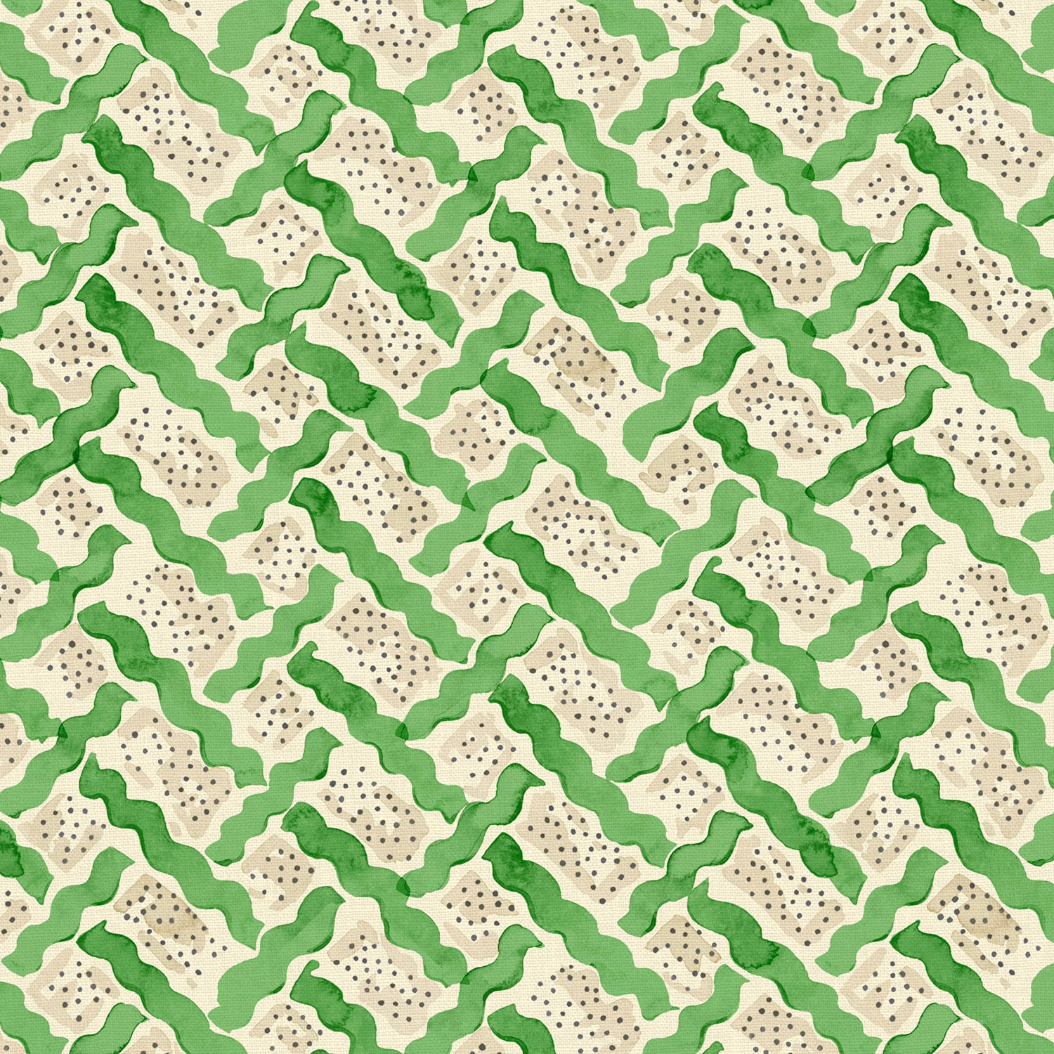 Leaf-green wavy lattice with ivory dotted panels on printed linen