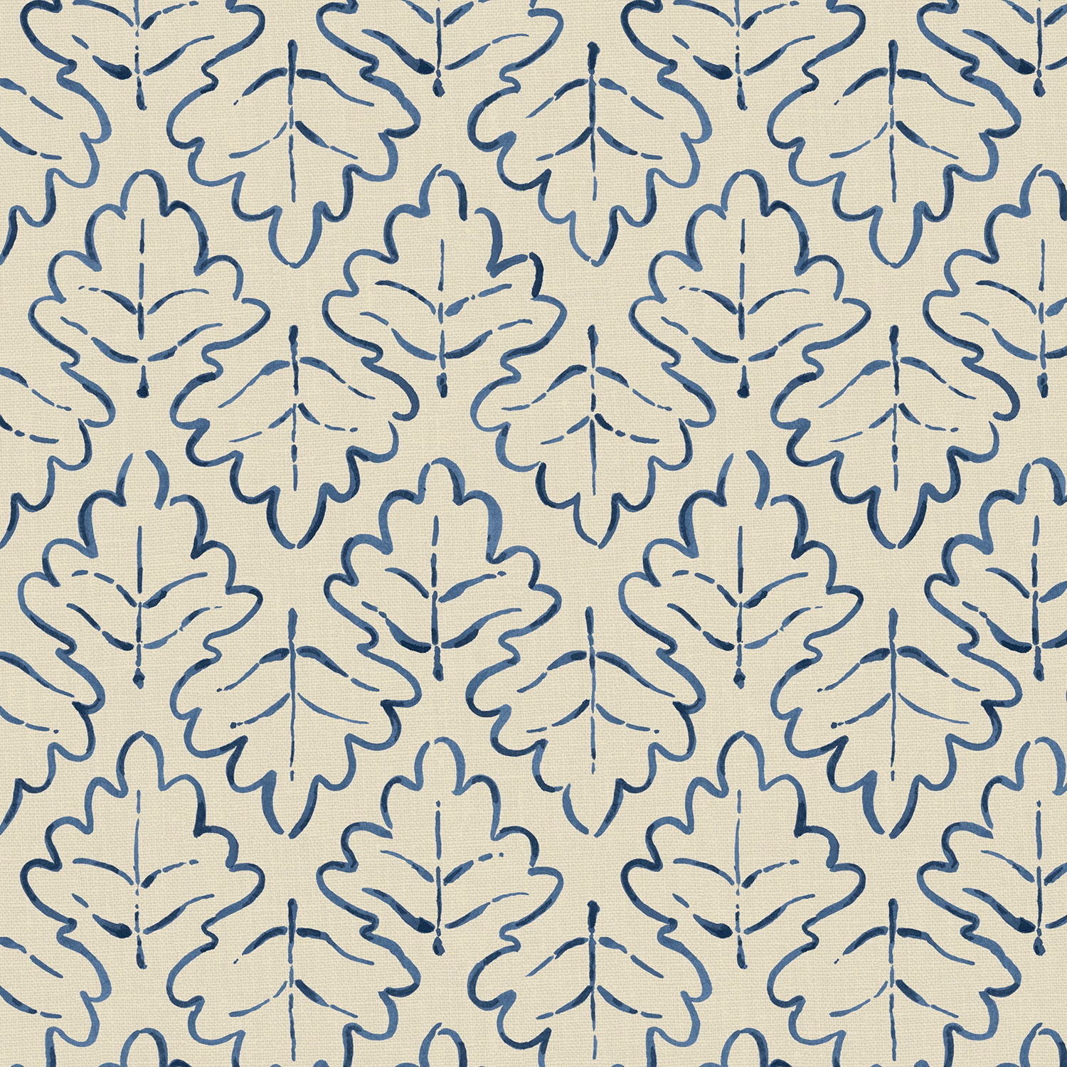 Cream linen with repeating stylised leaves outlined in muted indigo