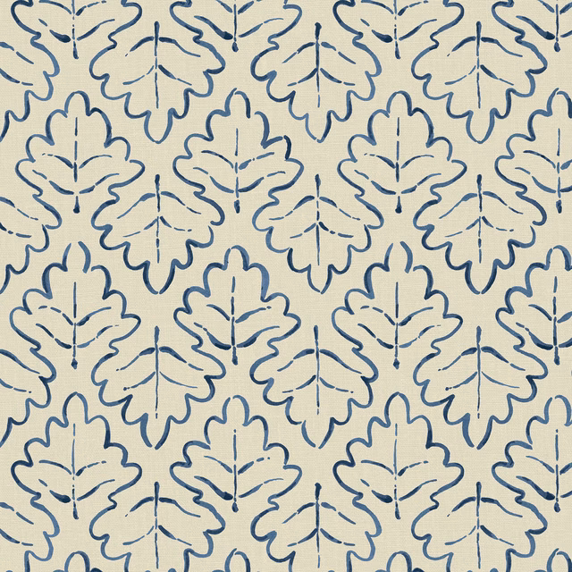 Cream linen with repeating stylised leaves outlined in muted indigo
