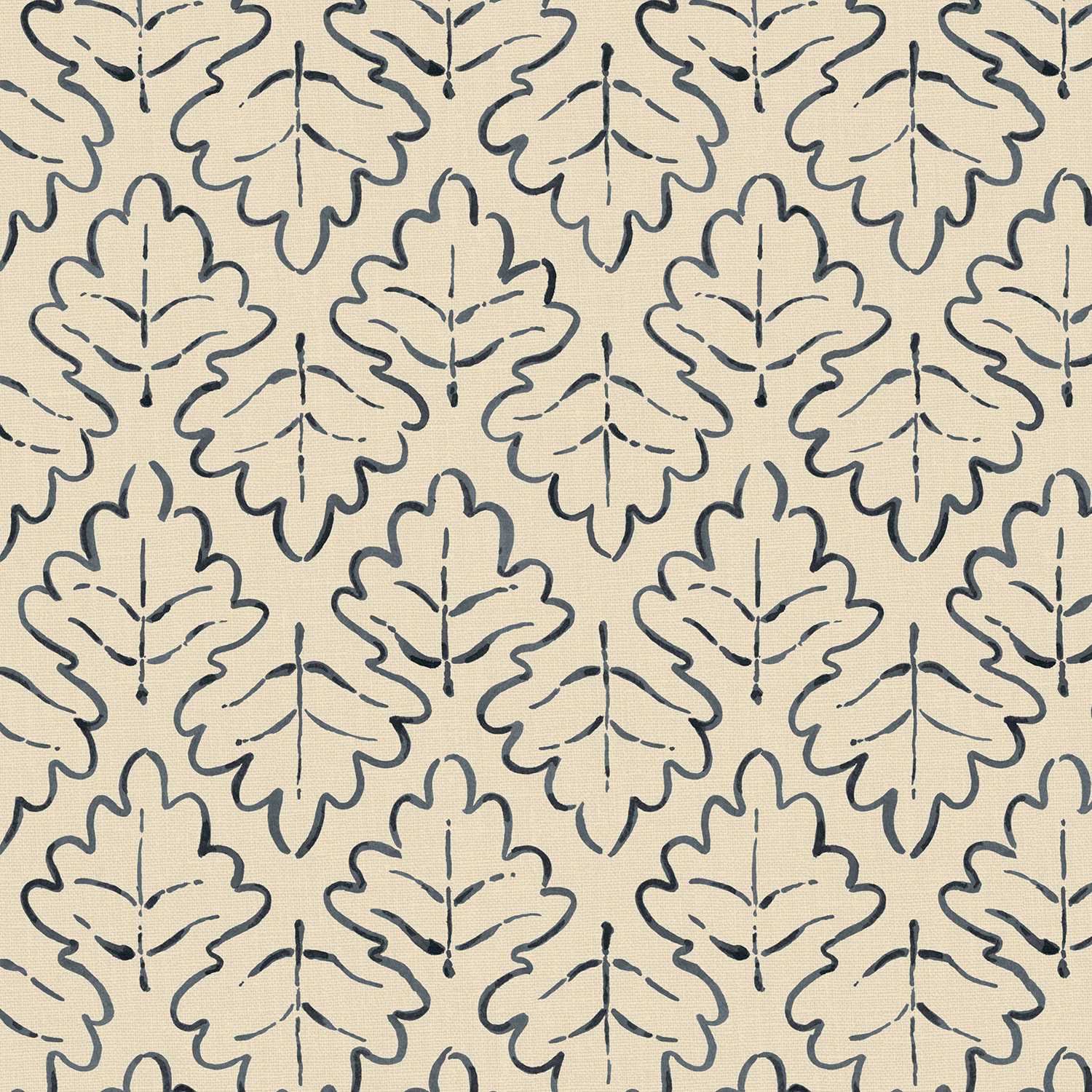 Oatmeal linen with repeating ink-blue oak leaf outlines and dashed veins