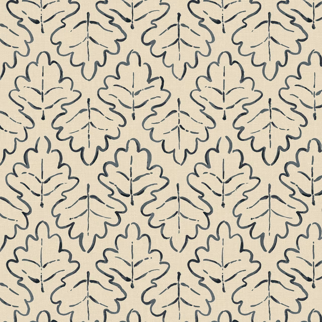 Oatmeal linen with repeating ink-blue oak leaf outlines and dashed veins