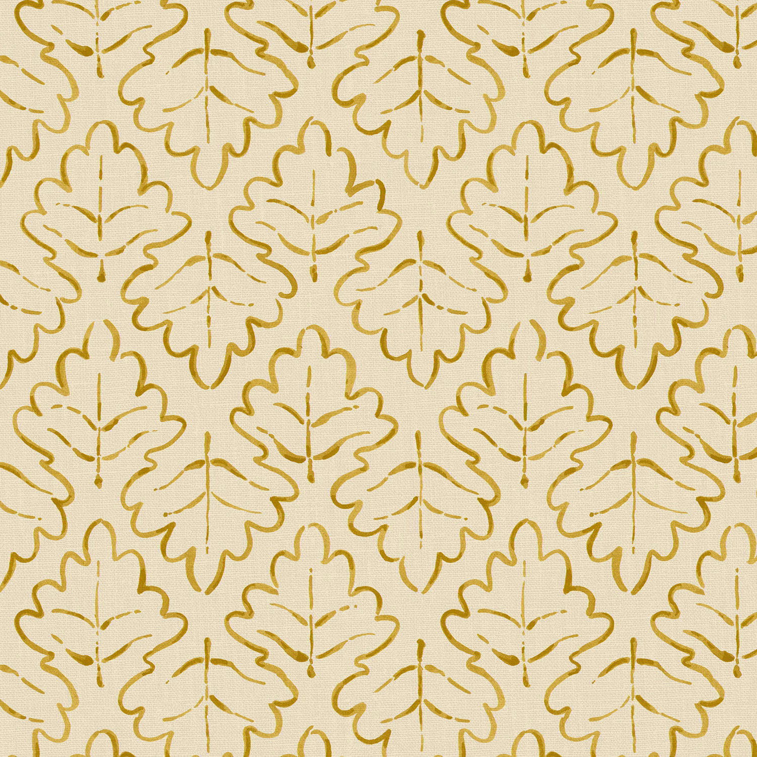 Warm ochre outlined oak leaves repeating across softly textured cream linen