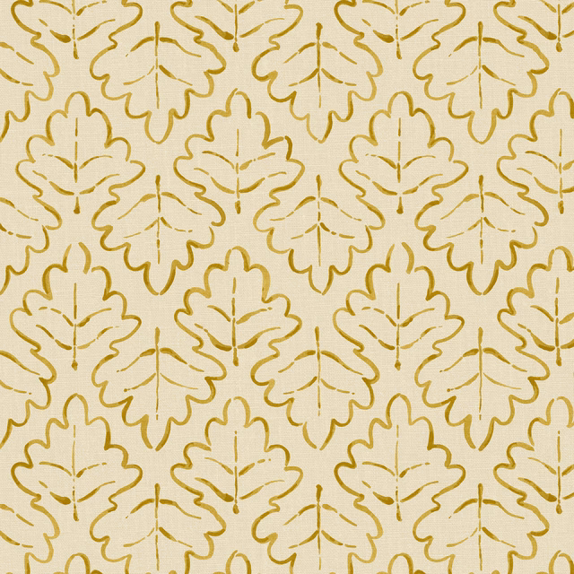 Warm ochre outlined oak leaves repeating across softly textured cream linen