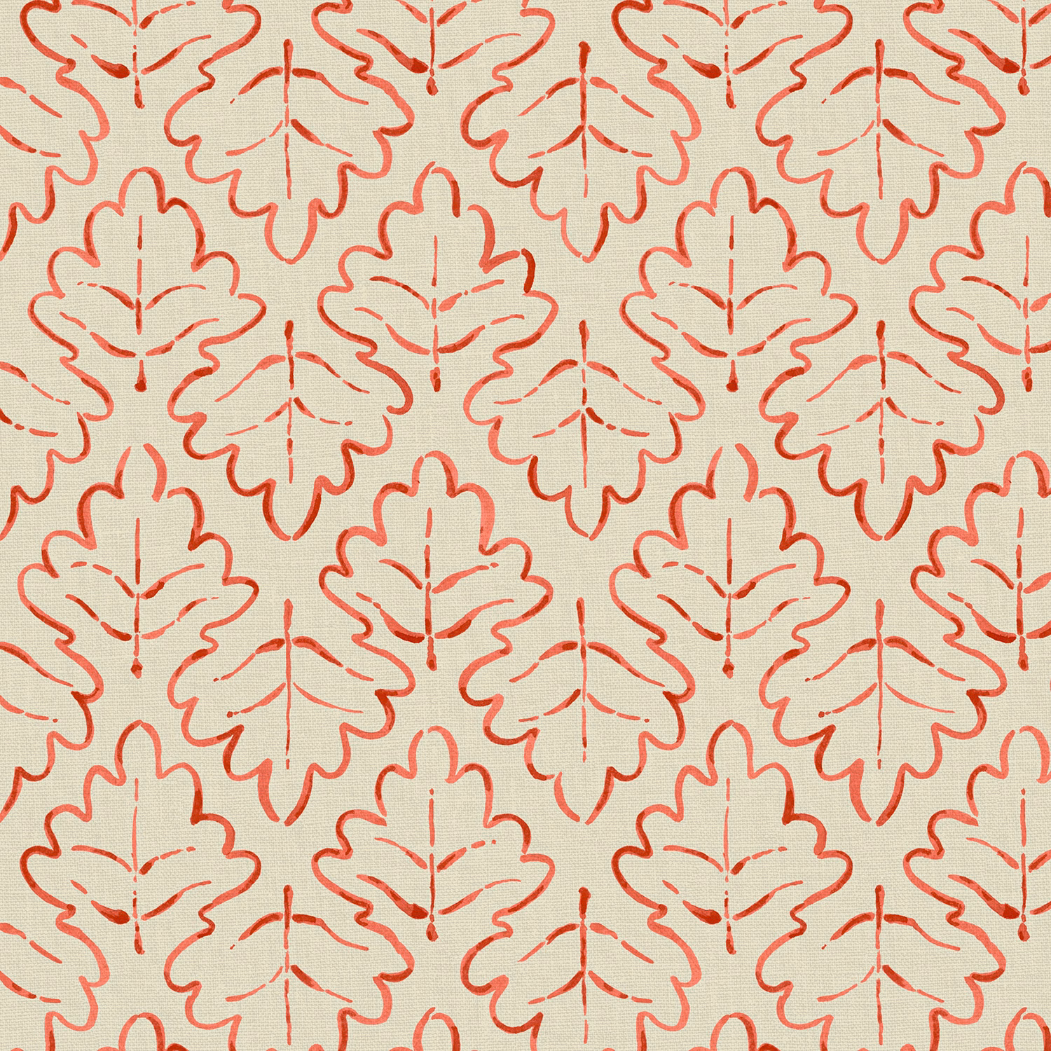 Warm cream linen with repeating coral-red oak leaf outlines and fine central stems