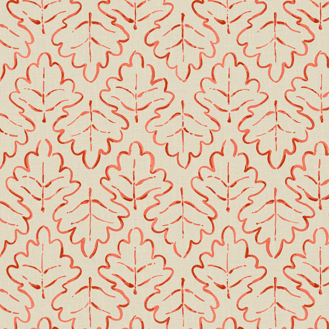 Warm cream linen with repeating coral-red oak leaf outlines and fine central stems