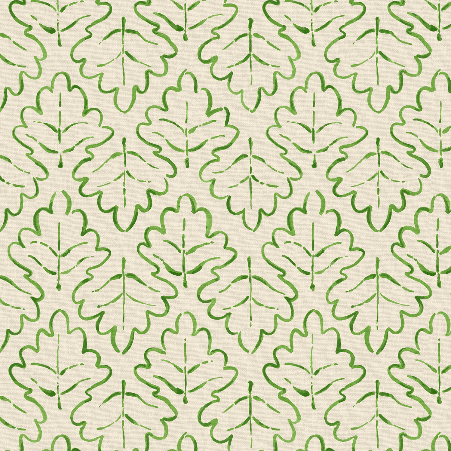 Shamrock-green lobed leaf outlines repeating across an ivory linen ground