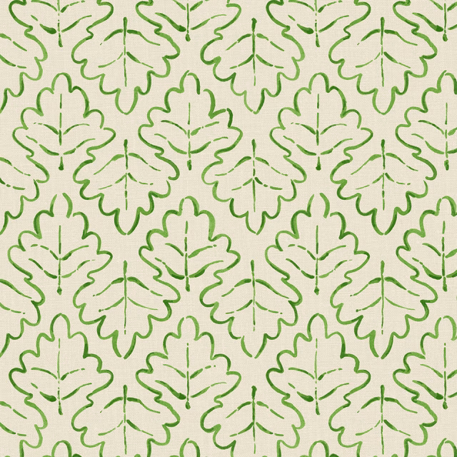 Shamrock-green lobed leaf outlines repeating across an ivory linen ground