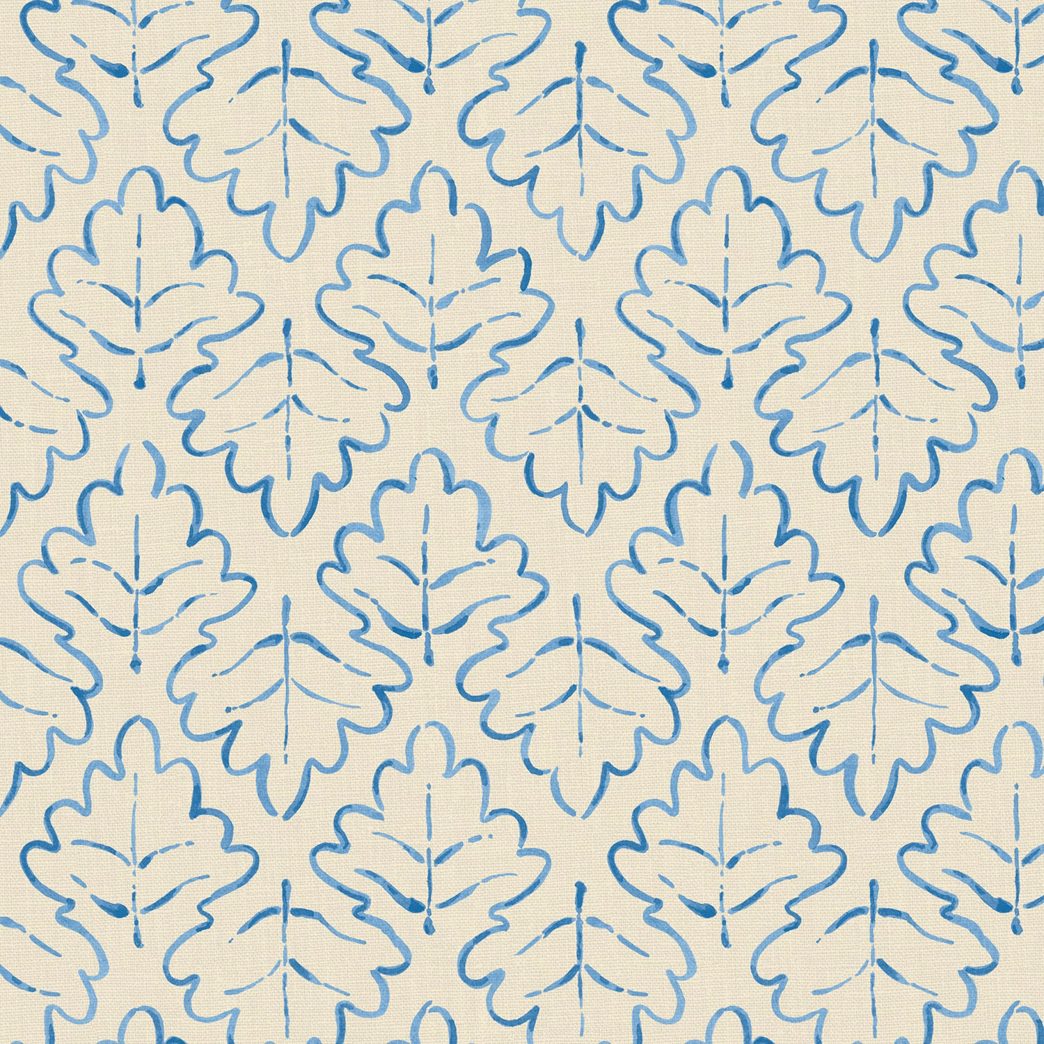 Cool blue outlined leaf motifs on a pale cream linen ground