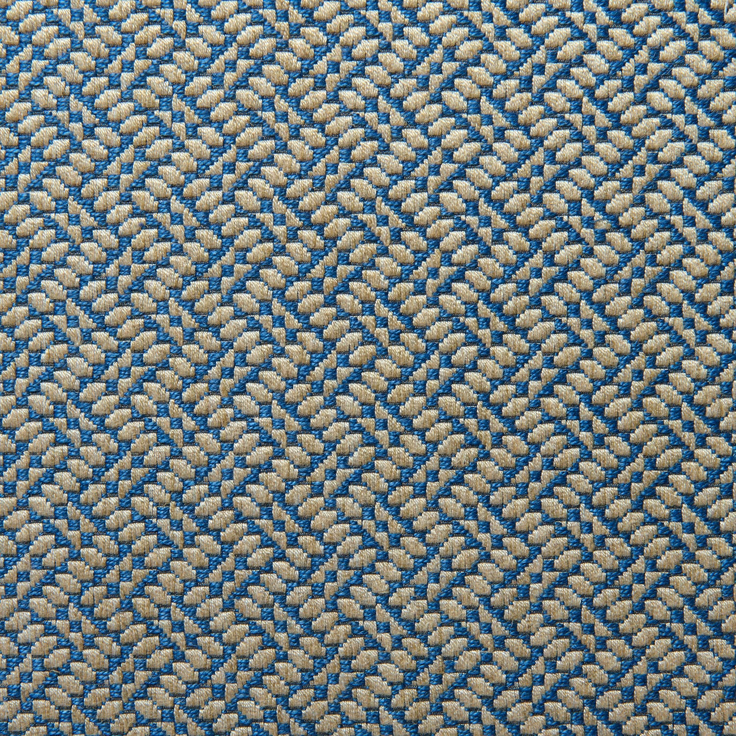 Close-up of muted blue and oatmeal zigzag weave with subtle lilac flecks