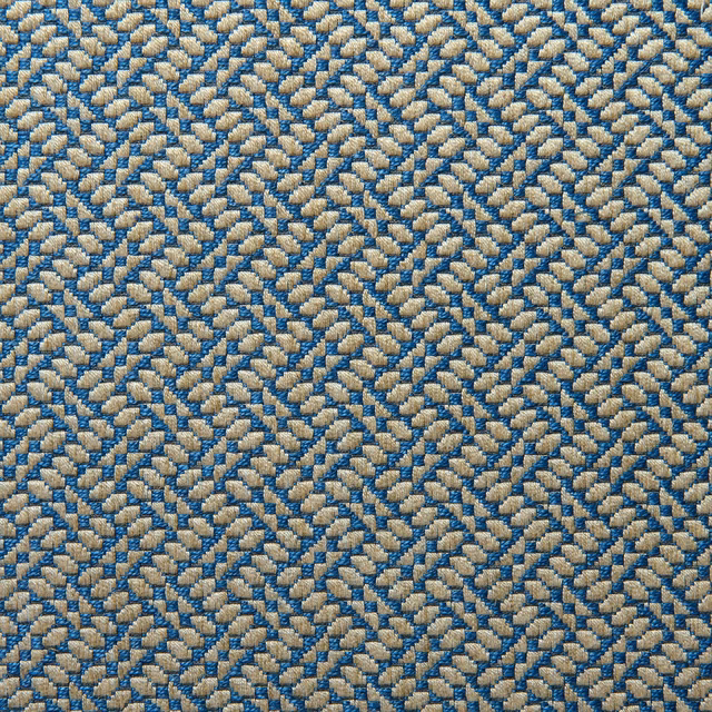 Close-up of muted blue and oatmeal zigzag weave with subtle lilac flecks
