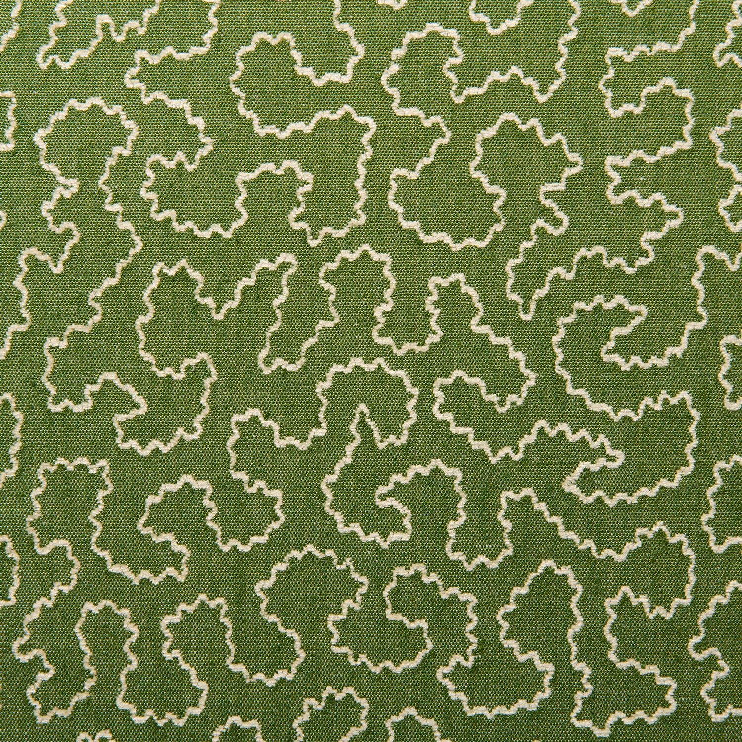 Muted avocado-green woven fabric with cream irregular squiggle outlines