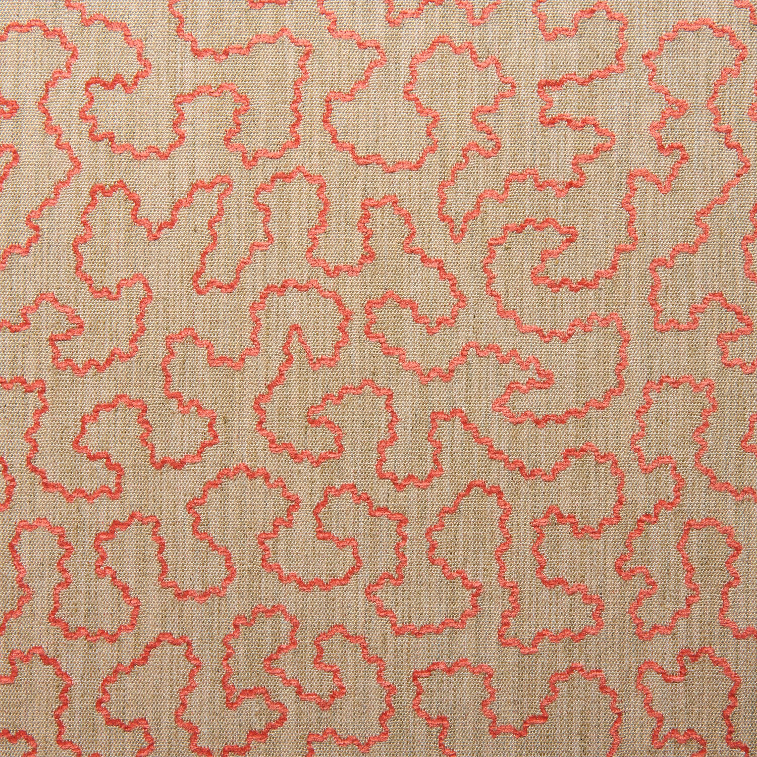Warm coral-pink irregular squiggles woven across a beige textured ground