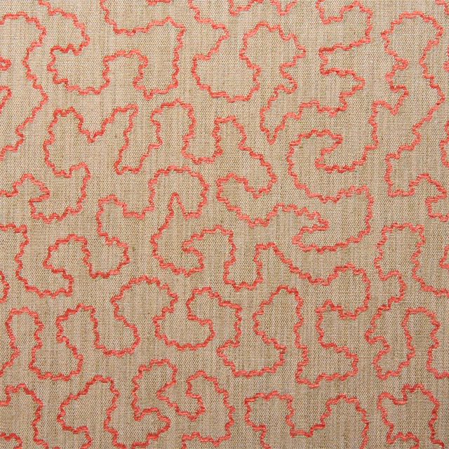 Warm coral-pink irregular squiggles woven across a beige textured ground