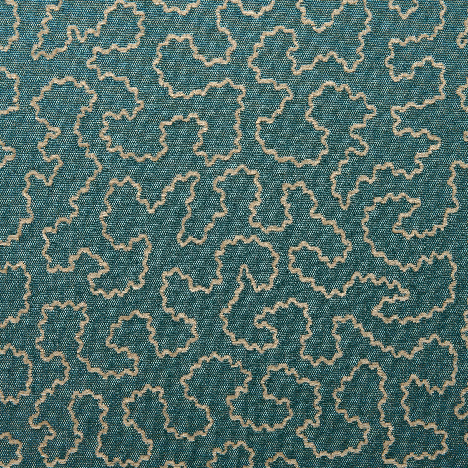 Cyan teal woven fabric with beige irregular outlined geometric motifs