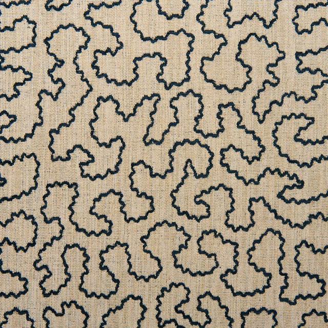 Warm greige woven textile with small charcoal wiggled outline motifs in an abstract pattern