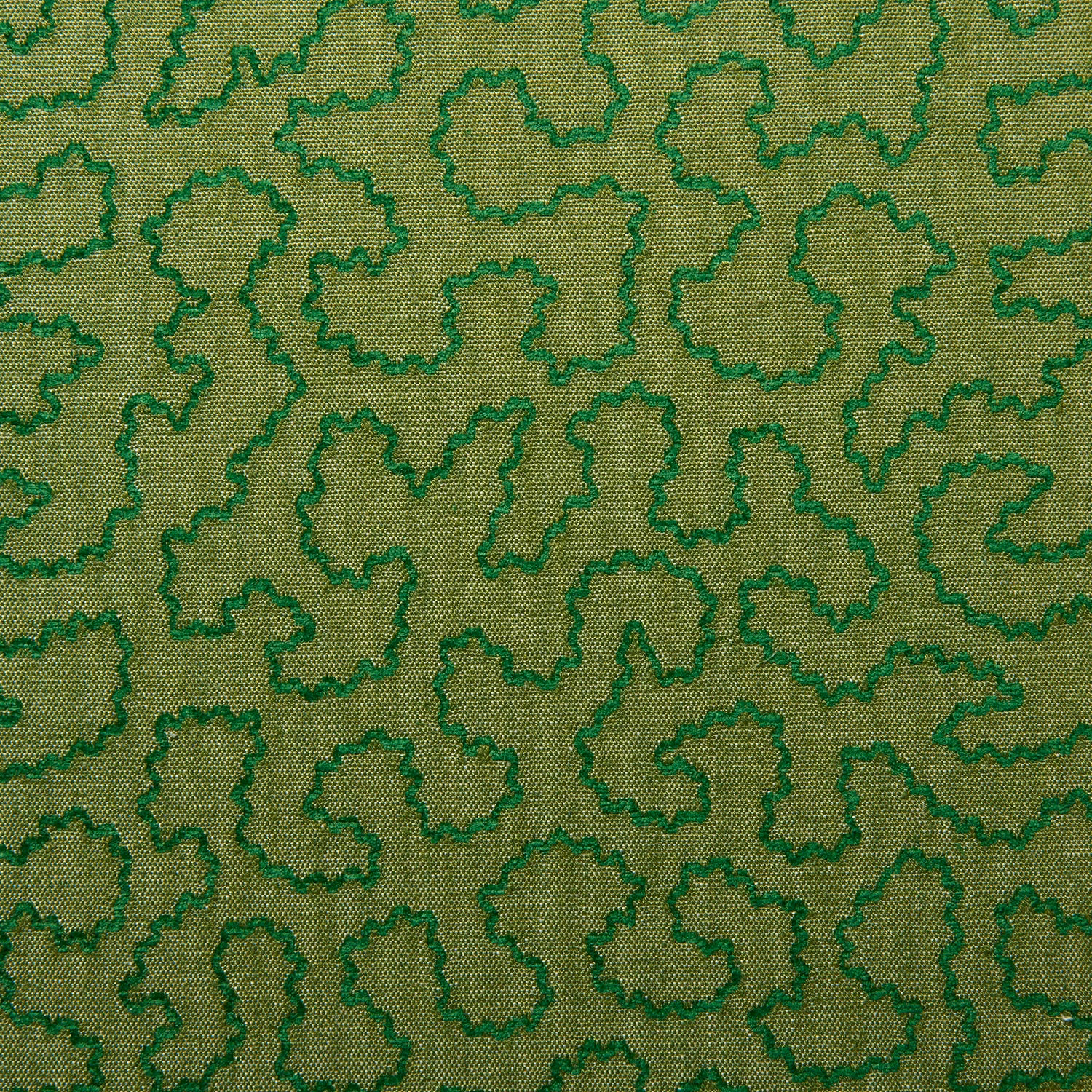 Olive woven fabric with emerald irregular outlines and fine textured ground