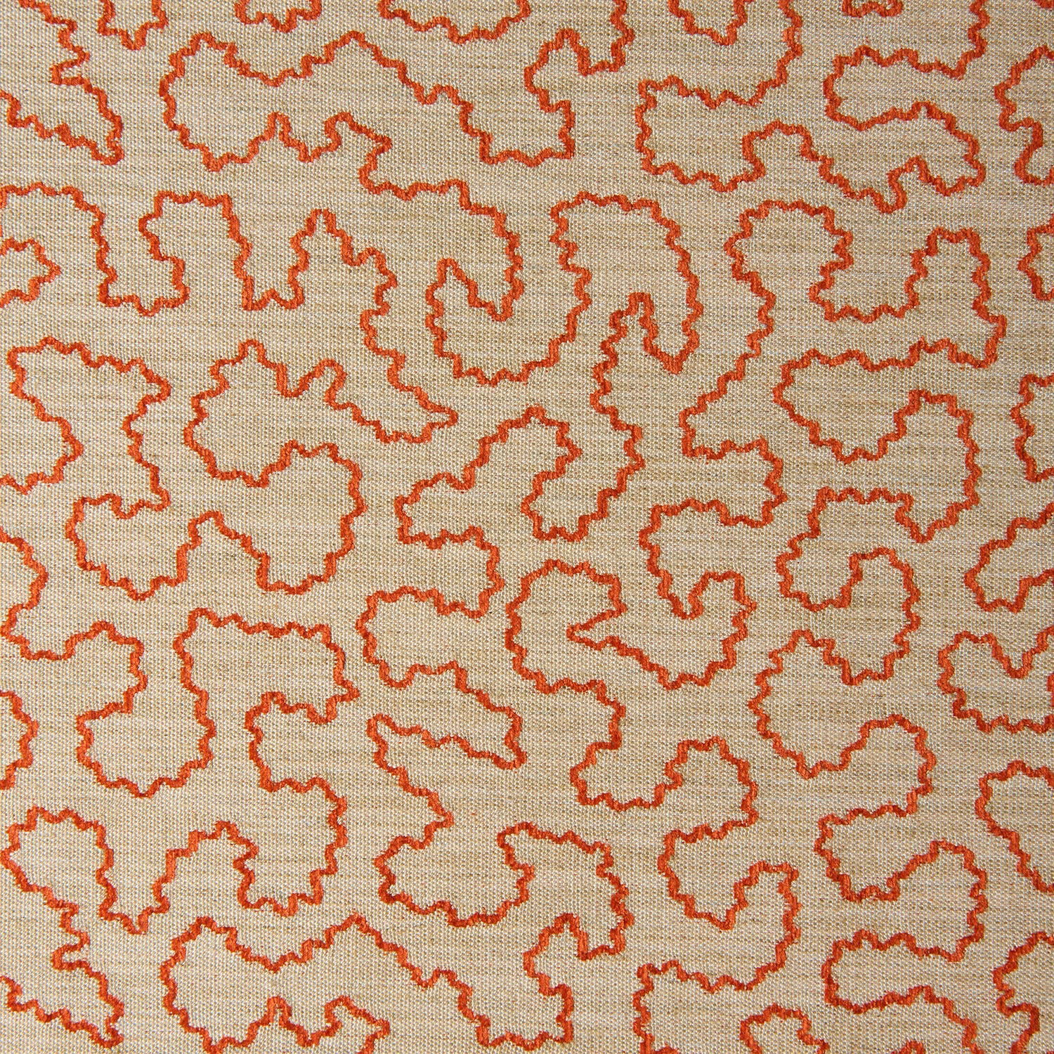 Warm beige woven ground with dense ginger-orange irregular outlined motifs