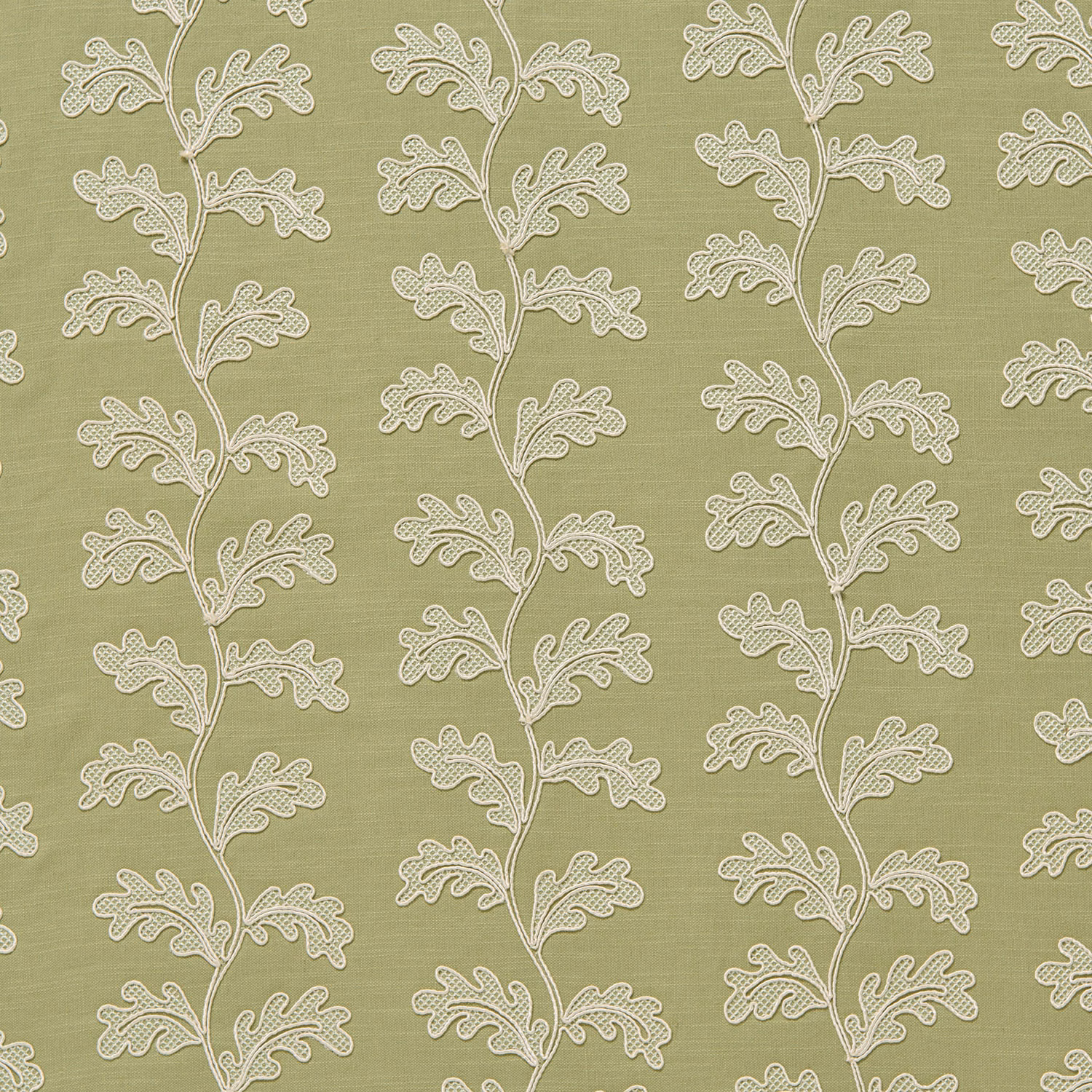 Sage green botanical fabric with pale trailing leaf motif on textured ground