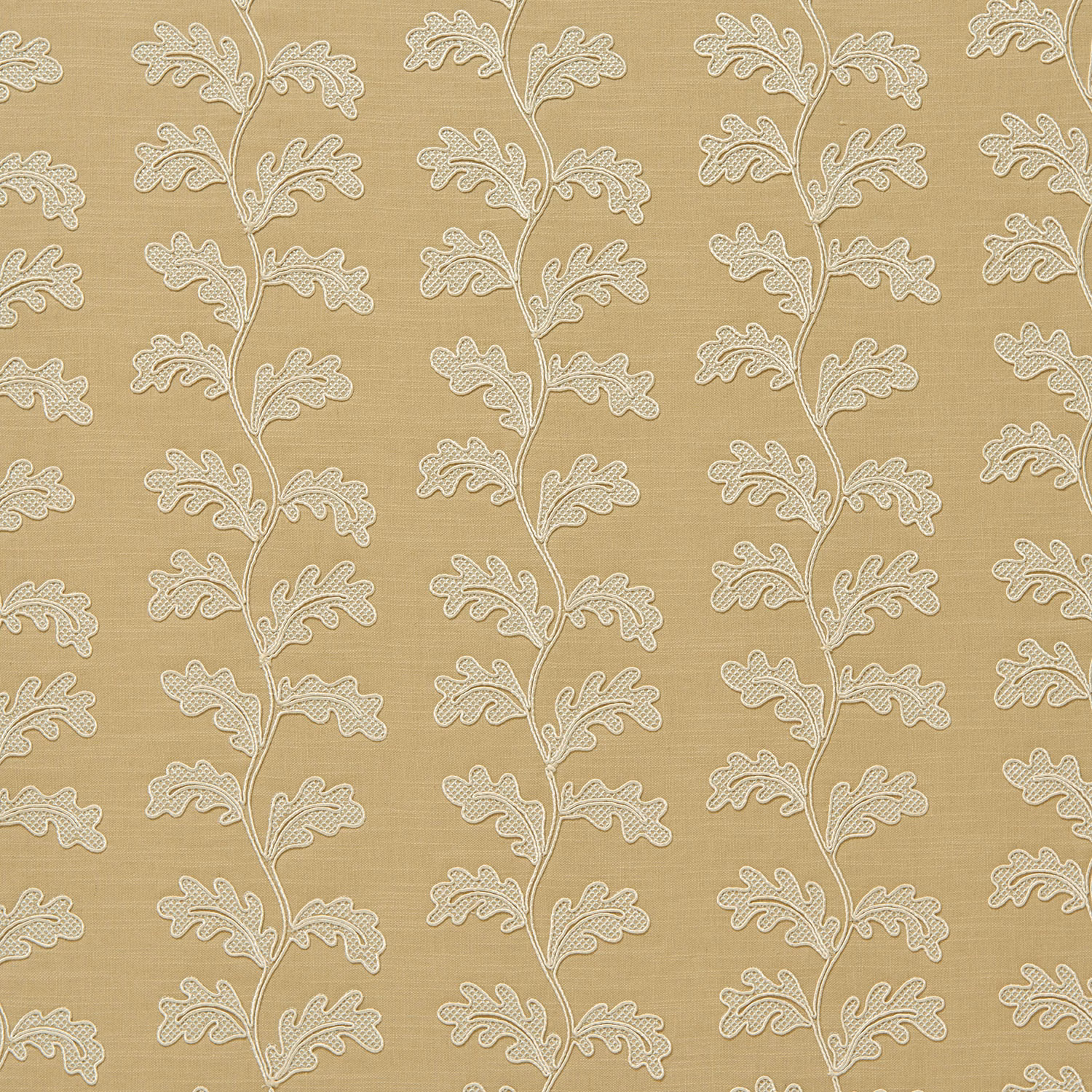 Stitched leaf trail pattern on warm straw beige fabric with cream embroidery