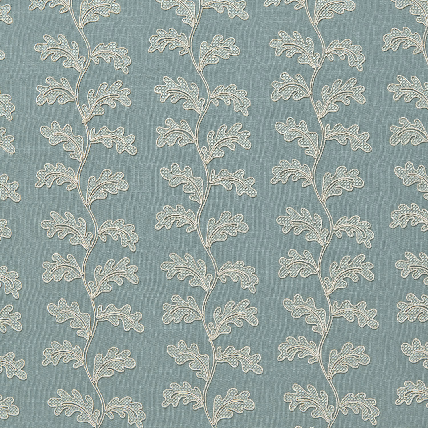 Waterfall teal botanical fabric with ivory trailing leaf motifs in vertical columns