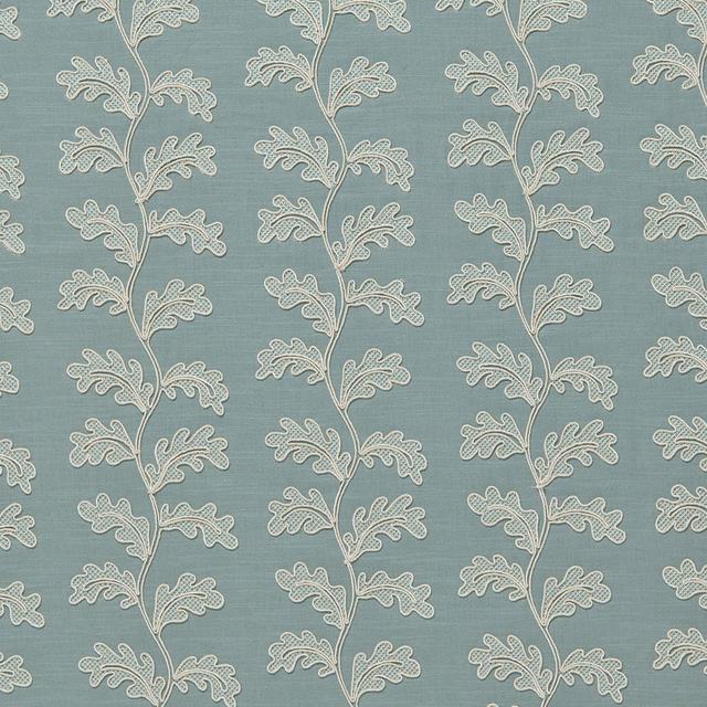 Waterfall teal botanical fabric with ivory trailing leaf motifs in vertical columns
