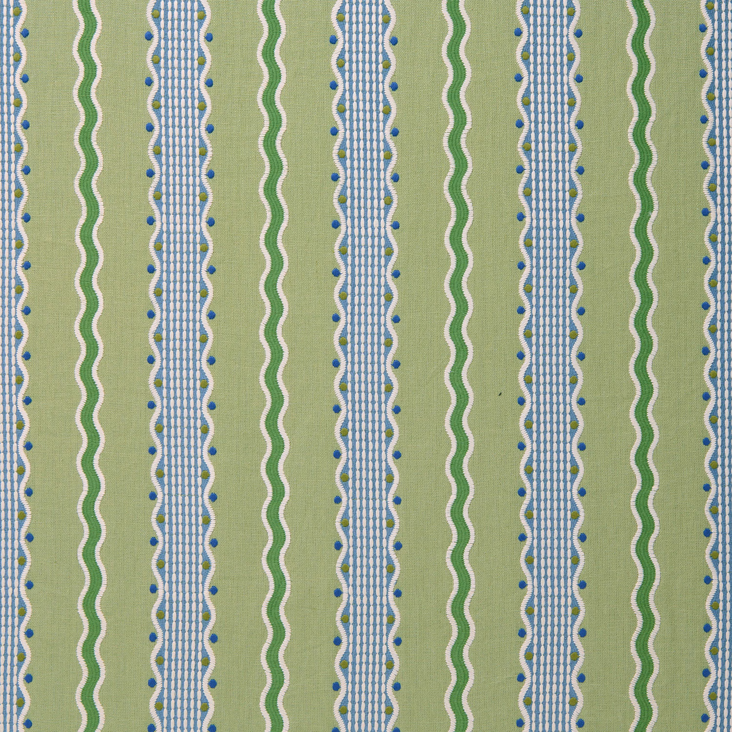 Vertical green stripe fabric with blue dots and ladder bands on a pale ground