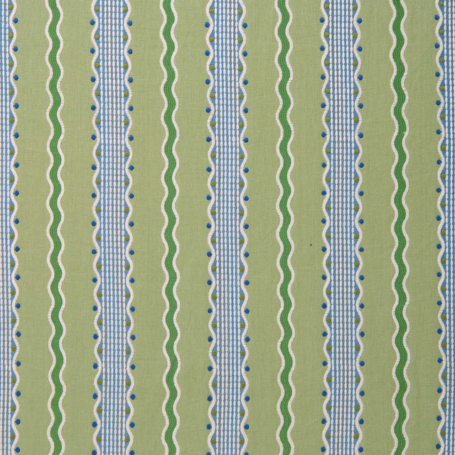 Vertical green stripe fabric with blue dots and ladder bands on a pale ground