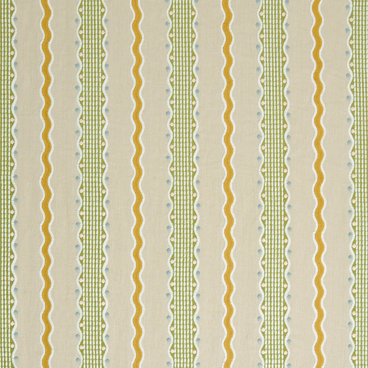 Cream woven stripe fabric with green and ochre vertical bands