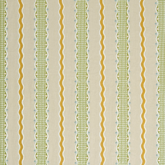 Cream woven stripe fabric with green and ochre vertical bands